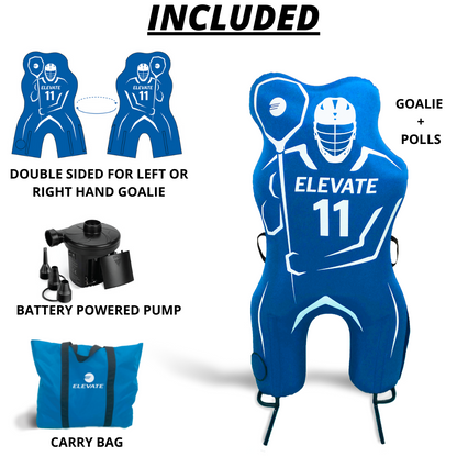 Elevate 11th Man Inflatable Lacrosse Goalie Shot Blocker and shooting target. Set up in under 2 minutes battery pump, carry bag.