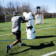 Load image into Gallery viewer, Kyle Harrison dodging and screen shots Elevate 11th Man Inflatable Lacrosse Goalie Shot Blocker and shooting target. Lacrosse Goalie Mannequin