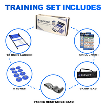 Load image into Gallery viewer, Agility Ladder + Agility Cones Training Set package includes ladder, 8 cones, custom carry bag, drill chart, Fabric resistance band ground hooks