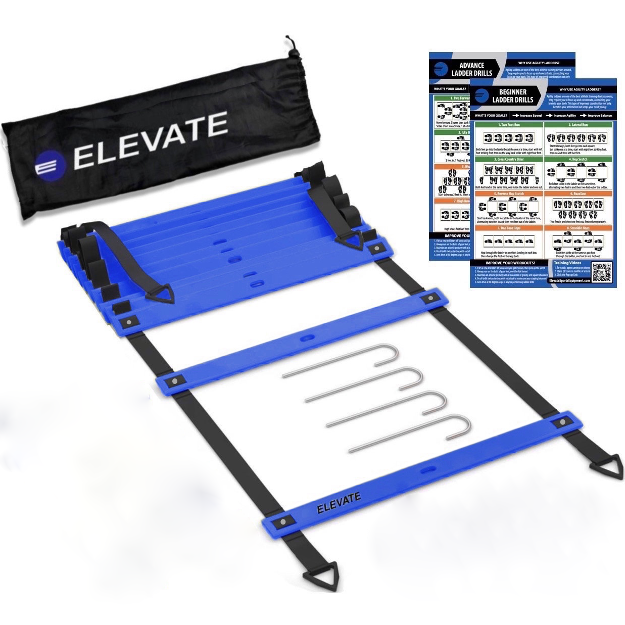 elevate agility ladder with carry bag and drill charts with video training. Easy to use speed ladder for everyone