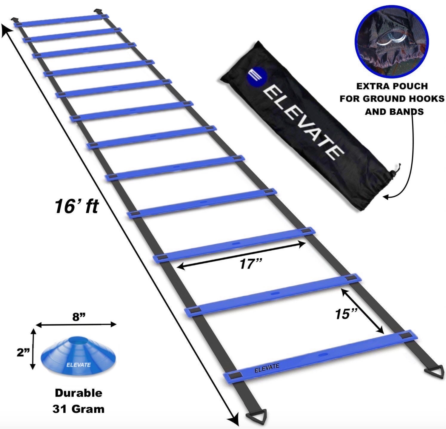 Agility Ladder + Agility Cones and mini resistance bands Training Set comes with a new custom bag to hold ground stakes